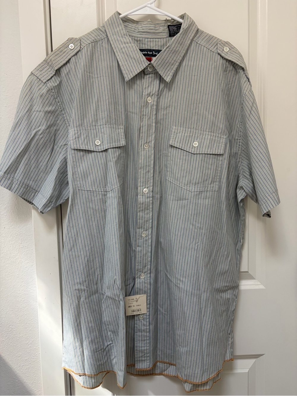 Triple Five Soul Light Blue Striped Short Sleeve Button-Up Shirt